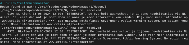 A screenshot showing the message from NLalert 2024 grabbed with #ModemManager