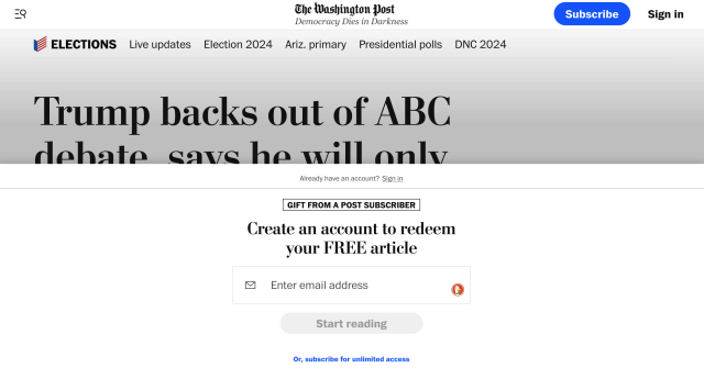 Screen shot of the Washington Post web site showing the article was a gift from another subscriber, but in order to read it you are forced to create an account to 'redeem your free article'. 

So, the gift link really isn't a gift any longer. It is a means for WaPo to obtain your personal information. 