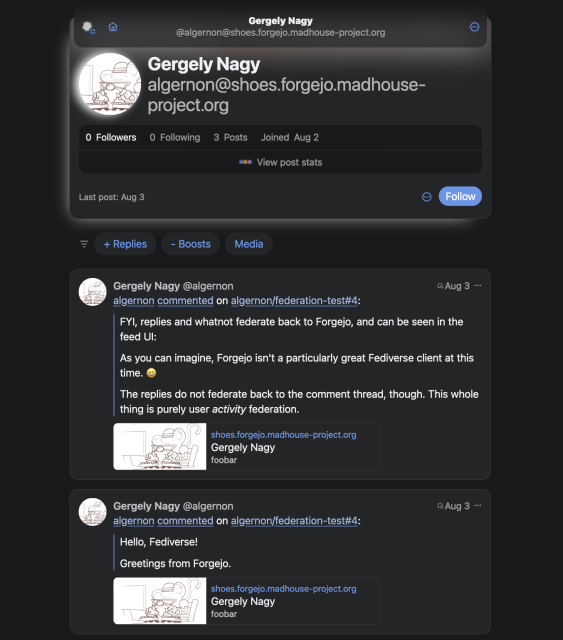 a screenshot of a Fogejo account with comments as seen through a Mastodon account logged into Phanpy