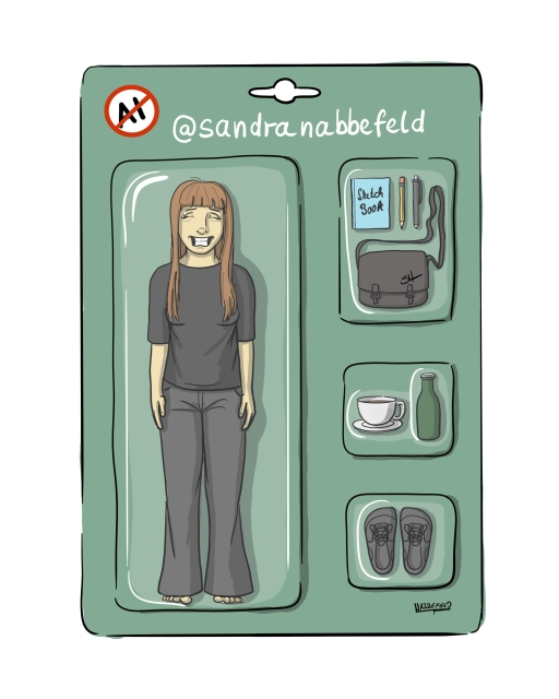 Ich als Actionfigur in einer Spielzeug-Verpackung, mit Accessoires, wie z.B einem Skizzenbuch, Stiften, Kaffeetasse, Bierflasche, ein Paar Minimalschuhe.
Aufschrift: ein durchgestrichenes AI Symbol und mein Name