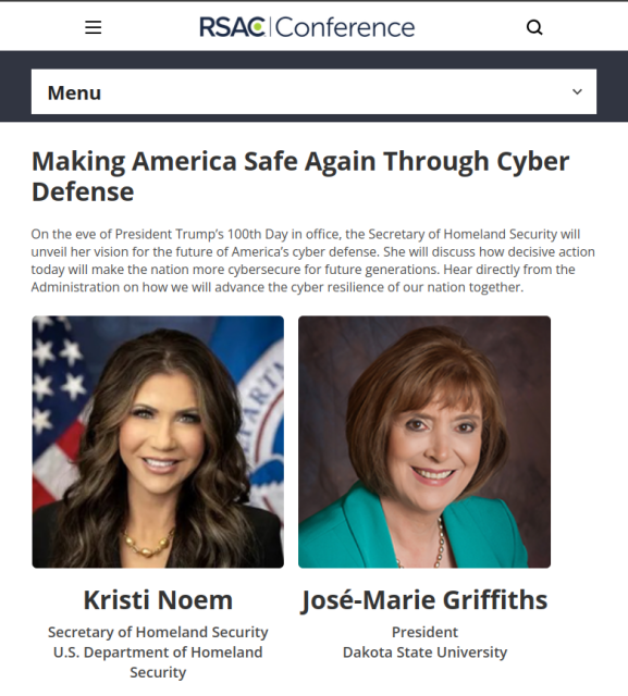 Screenshot of the RSAC conference website with Kristi Noem, Secretary of Homeland Security for the US. The speach is entitled "Making America Safe Again through Cyber Defense".