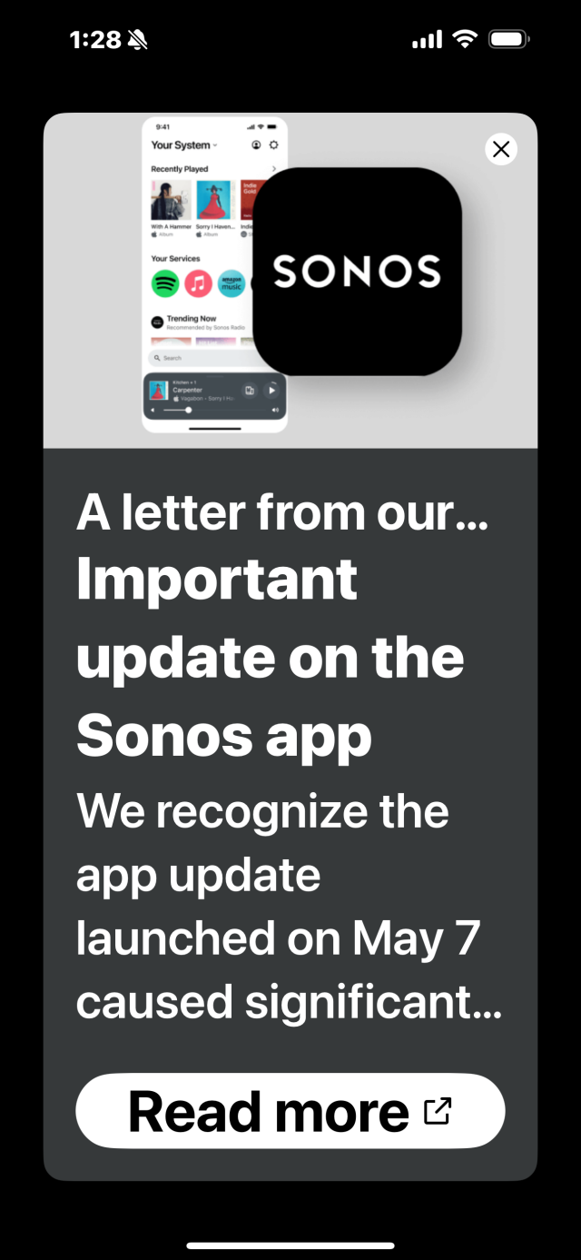 A screenshot of the letter from the Sonos CEO entitled Important Update on the Sonos App. We recognice the app update launched on May 7 caused significant problems.....