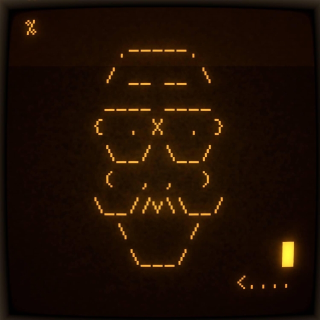 A portrait of a man with glasses and a large handlebar mustache. The portrait is created in ASCII art (using text to form the image). It has a retro look. It is orange glowing text on a dark black screen. 