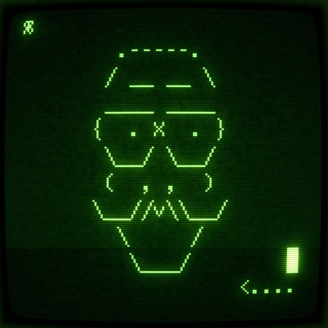 A portrait of a man with glasses and a large handlebar mustache. The portrait is created in ASCII art (using text to form the image). It has a retro look. It has green glowing text on a dark black screen. 