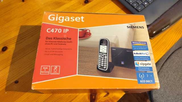 Karton des DECT-Telefons Gigaset C470 IP von Siemens.