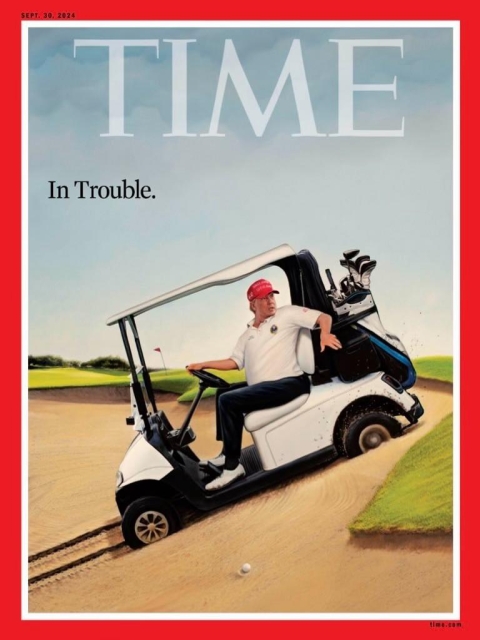 Time magazine cover: Trump in a golf cart, looking backwards, going uphill. Caption: “In trouble”