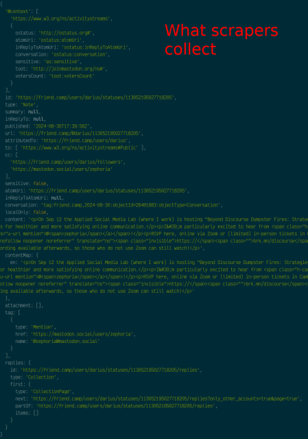 An image of some data labeled "WHAT SCRAPERS COLLECT" that contains things like:

  atomUri: 'https://friend.camp/users/darius/statuses/113052195027718205',
  inReplyToAtomUri: null,
  conversation: 'tag:friend.camp,2024-08-30:objectId=26481883:objectType=Conversation',
  localOnly: false,
  content: '<p>On Sep 12 the Applied Social Media Lab (where I work) is hosting an event</p>',