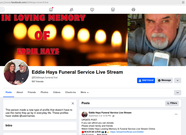 A screenshot of a fakebook funeral page for the late Eddie Hays. This group page says "In loving memory of Eddie Hays," and includes a picture of a somewhat scowling middle-aged man looking off to his left. The organizers of this page also requested donations in the name of the deceased.