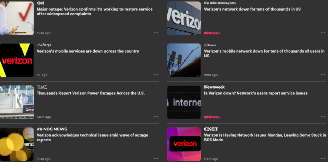 A screenshot of Apple News showing 8 different stories about today's outages at Verizon.