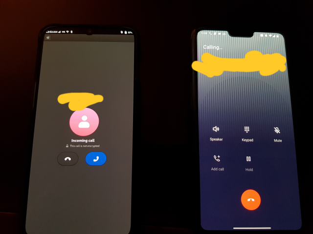 Two phones, a OnePlus 6T running postmarketOS (Phosh) on the left and a OnePlus 6 running stock Android on the right.  The phone on the right is calling the phone on the left, and the phone on the left is showing an Incoming Call screen.  The status bar indicates that the phone on the left is in 4G LTE mode, which means VoLTE is working.