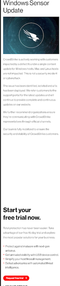 A post from Crowdstrike acknowledging the global outage has an ad at the bottom for a free trial of Crowdstrike.