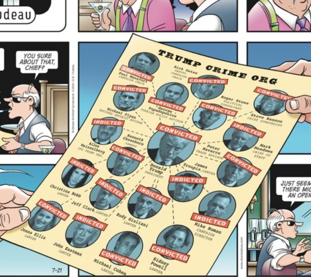 Doonesbury cartoon depicts a page filled with mug shots of the “Trump Crime Org”… including Trump’s.